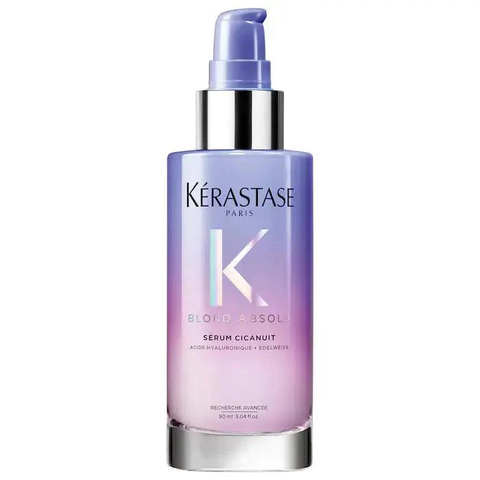 Kérastase Blond Absolu Serum Cicanuit for hair care, hyaluronic acid, 90ml bottle with pump, purple gradient packaging