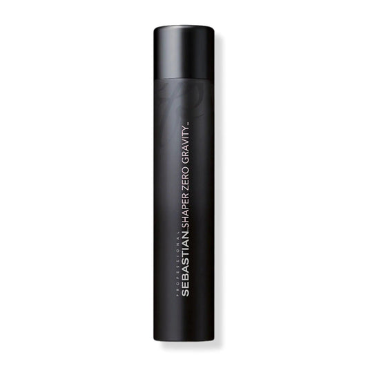 Shaper Zero Gravity Dry Control Hairspray by Sebastian in sleek black bottle, ideal for fine hair and quick-dry styling.