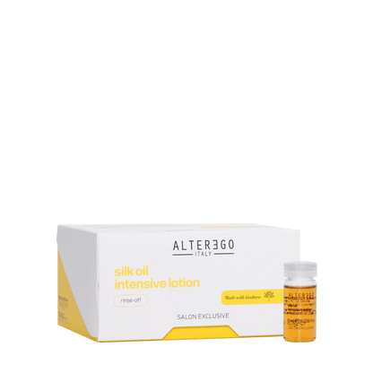 Alter Ego Italy Silk Oil Intensive Lotion box and vial for frizzy hair nourishment and manageability.