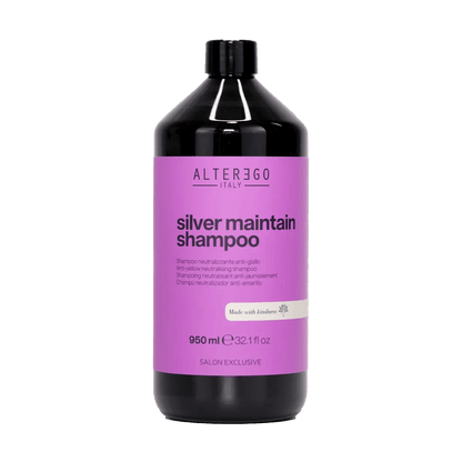 Silver Maintain Shampoo bottle by Alter Ego Italy, 950 ml, designed to enhance shine and reduce yellow tones. Sulphate-free formula.