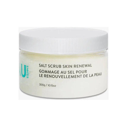 Skin Renewal Salt Scrub jar, 300g, designed for exfoliating and revitalizing skin health and beauty.