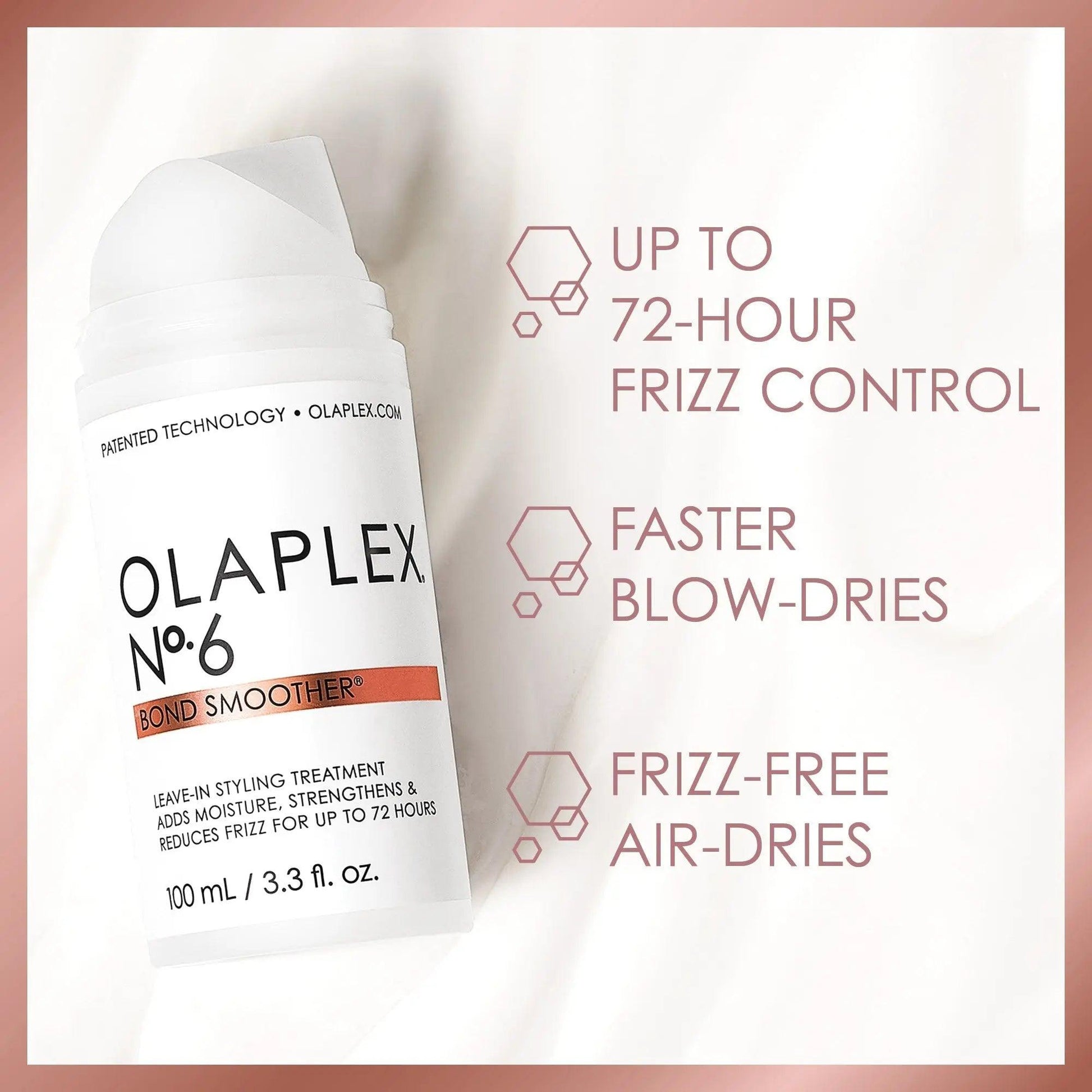 Olaplex No.6 Bond Smoother bottle with branding, highlighting frizz control and faster styling benefits.
