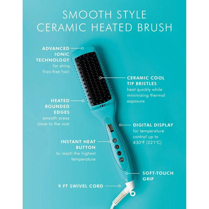 Smooth Style Ceramic Heated Brush with advanced ionic technology, heated edges, digital display, and cool tip bristles.