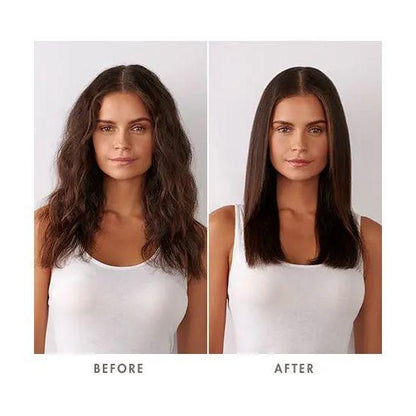 Before and after results showing sleek, smooth hair transformation using a ceramic heated brush.