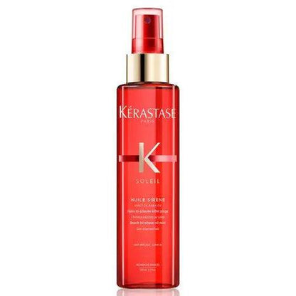 Kérastase Soleil Huile Sirene Hair Oil Mist in a spray bottle, providing sun protection and shine for all hair types.