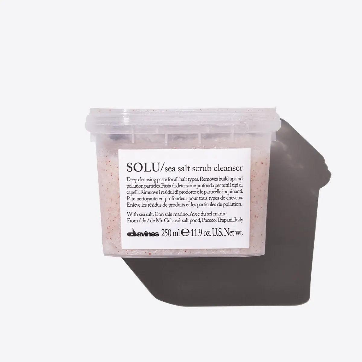 SOLU sea salt scrub cleanser by Davines for hair care, 250 ml container on white background.