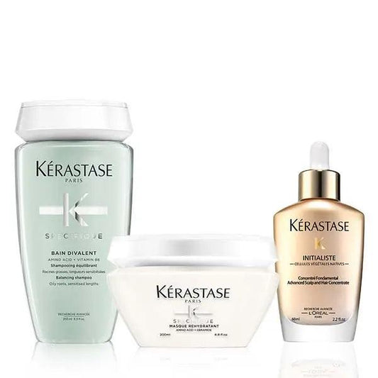 Kérastase hair care trio - Bain Divalent shampoo, Masque Réhydratation hair masque, and Initialiste hair serum