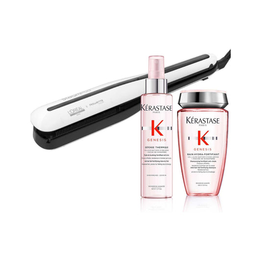 Steampod 3.0 steam iron with Kérastase Genesis shampoo and thermal spray for smooth, shiny hair styling.