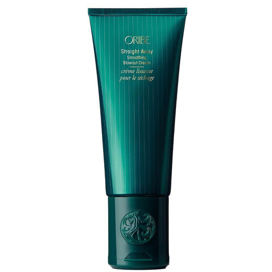 Oribe Straight Away Smoothing Blowout Cream in green tube for sleek and smooth hair styling.