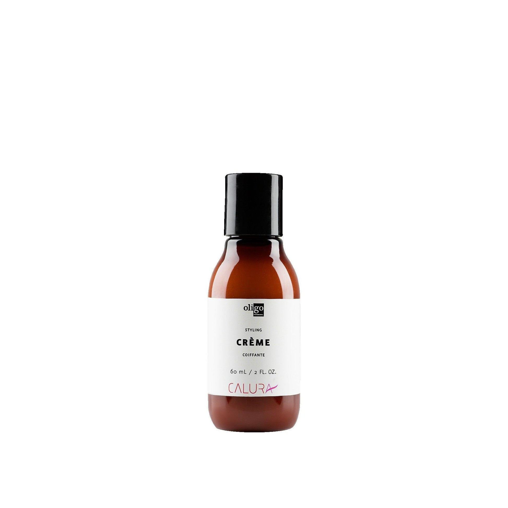 2 oz bottle of Calura Styling Crème for flexible hold and shine, suitable for all hair types, vegan and sulfate free.