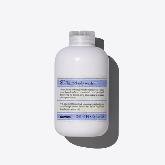 Davines SU Hair and Body Wash 250ml bottle on a light gray background.