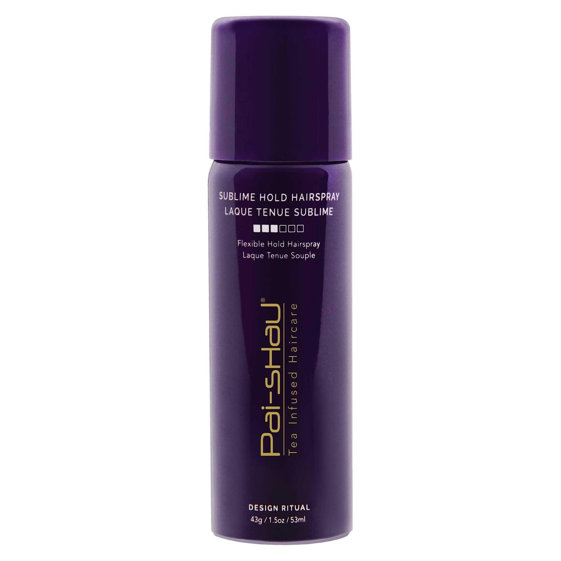 Sublime Hold Hairspray by Pai-Shau in a purple spray can, offering flexible hold and shine for styled hair.