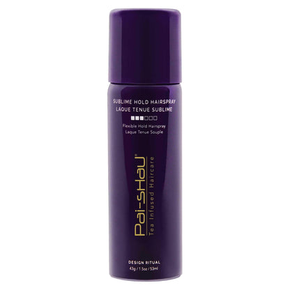 Sublime Hold Hairspray by Pai-Shau in a purple spray can, offering flexible hold and shine for styled hair.
