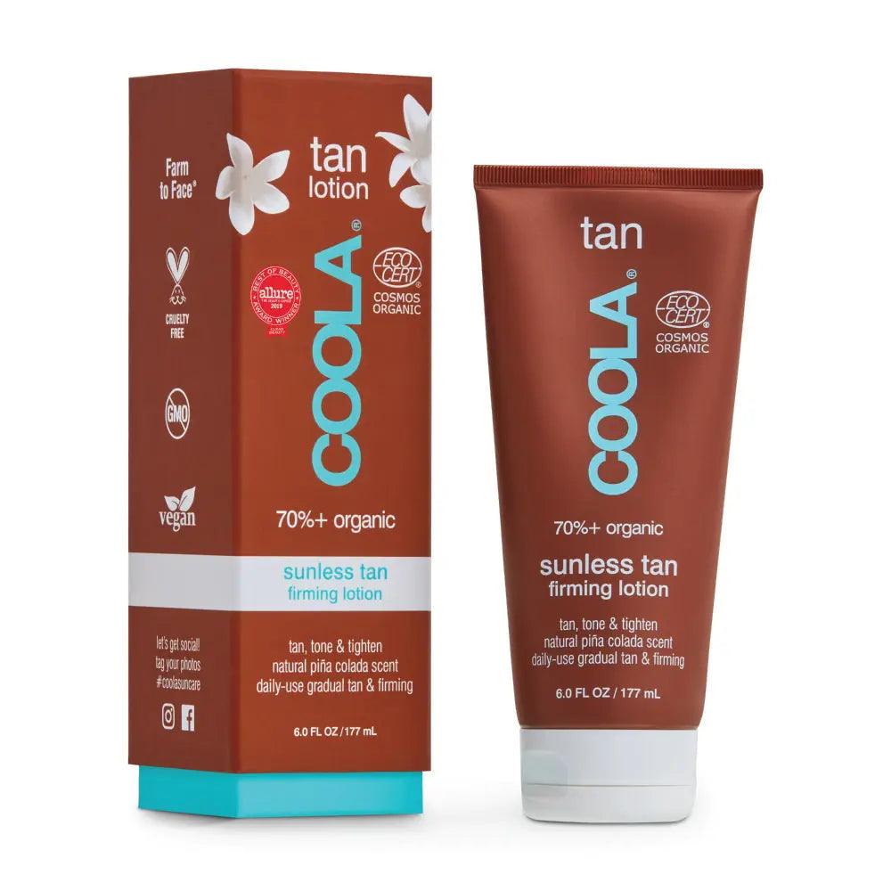 Sunless Gradual Tan Firming Lotion by Coola in eco-friendly packaging, enriched with natural ingredients and pina colada scent.