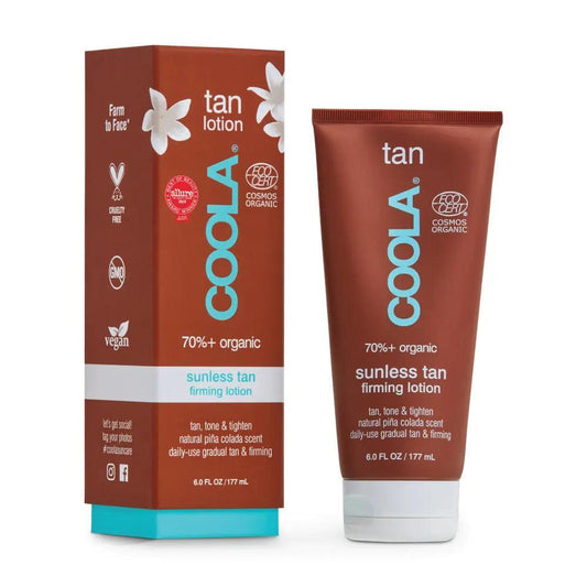 Sunless Gradual Tan Firming Lotion by Coola in eco-friendly packaging, enriched with natural ingredients and pina colada scent.