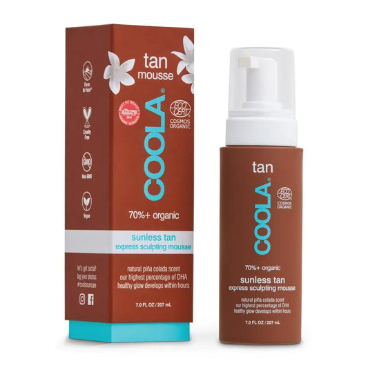 Coola Sunless Tan Express Sculpting Mousse with EcoCert® logo, showcasing 70%+ organic ingredients for a natural glow.