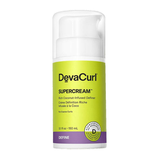 DevaCurl SuperCream Rich Coconut-Infused Definer for coarse curls in a 5.1 oz bottle, promoting curl flexibility and frizz control.