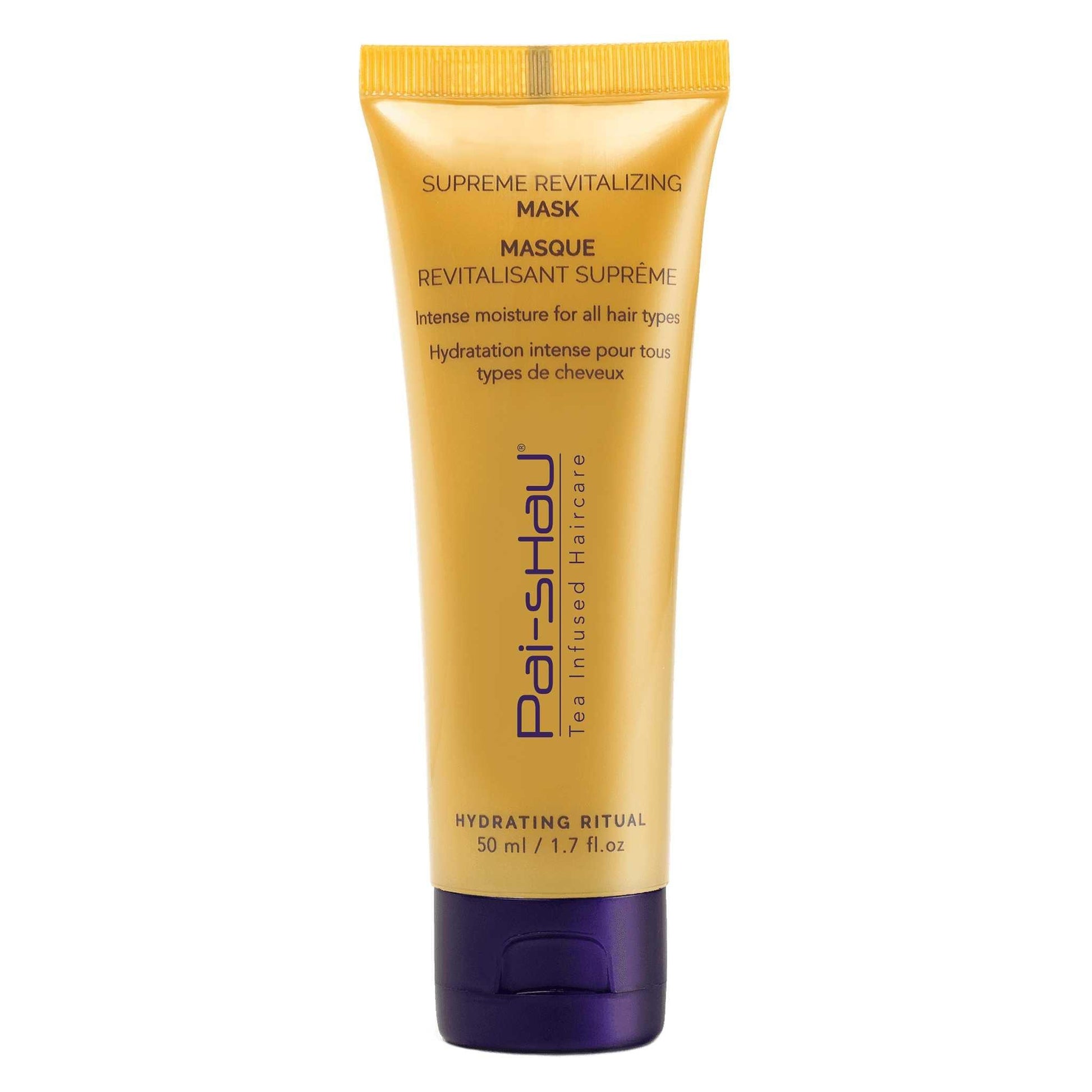 Supreme Revitalizing Mask by Pai-shau in a gold tube, providing moisture and volume for healthy, shiny hair.