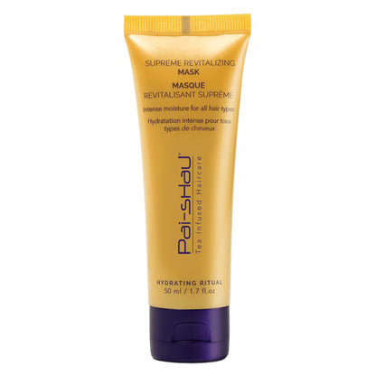 Supreme Revitalizing Mask by Pai-shau in a gold tube, providing moisture and volume for healthy, shiny hair.