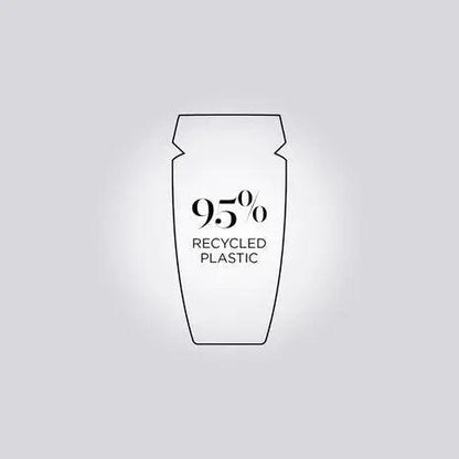Illustration of a shampoo bottle made from 95% recycled plastic, promoting eco-friendly packaging.