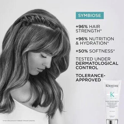 Image showcasing Kerastase Symbiose with benefits of increased hair strength, hydration, and softness for healthy hair.