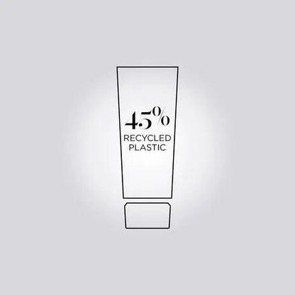 Tube design featuring "45% recycled plastic" note, highlighting eco-friendly packaging.