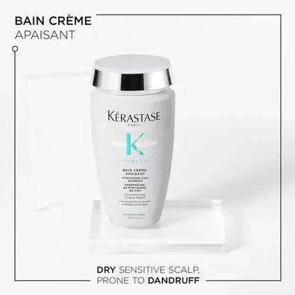 Bain Crème Apaisant by Kérastase for sensitive scalps prone to dandruff, 250ml moisturizing shampoo.