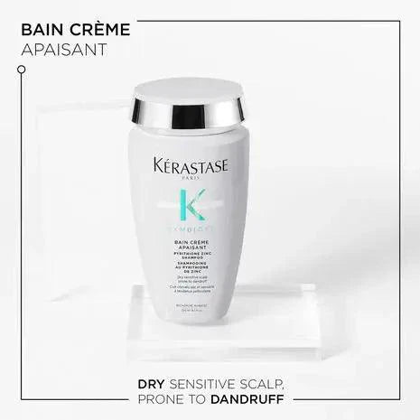 Bain Crème Apaisant shampoo for sensitive scalps prone to dandruff, designed to soothe and hydrate hair.