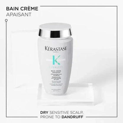 Bain Crème Apaisant shampoo for sensitive scalps prone to dandruff, designed to soothe and hydrate hair.