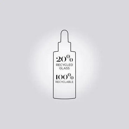 Eco-friendly serum bottle made from 20% recycled glass, 100% recyclable material.