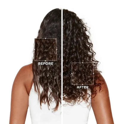 Before and after results showing revitalized curls from using Symbiose Sérum Nuit Intensif for damaged hair.