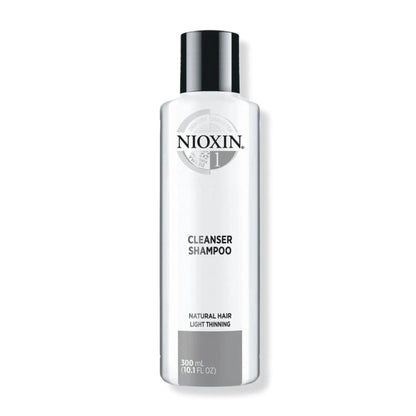 Nioxin Cleanser Shampoo System 1 for fine, thin hair, detoxifying formula for natural hair, 300 ml bottle.