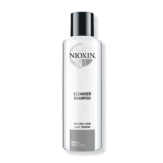 Nioxin Cleanser Shampoo System 1 for fine, thin hair, detoxifying formula for natural hair, 300 ml bottle.
