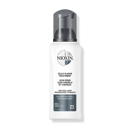 Nioxin System 2 Scalp & Hair Leave-In Treatment for fine, progressed thinning natural hair, 200 ml bottle.