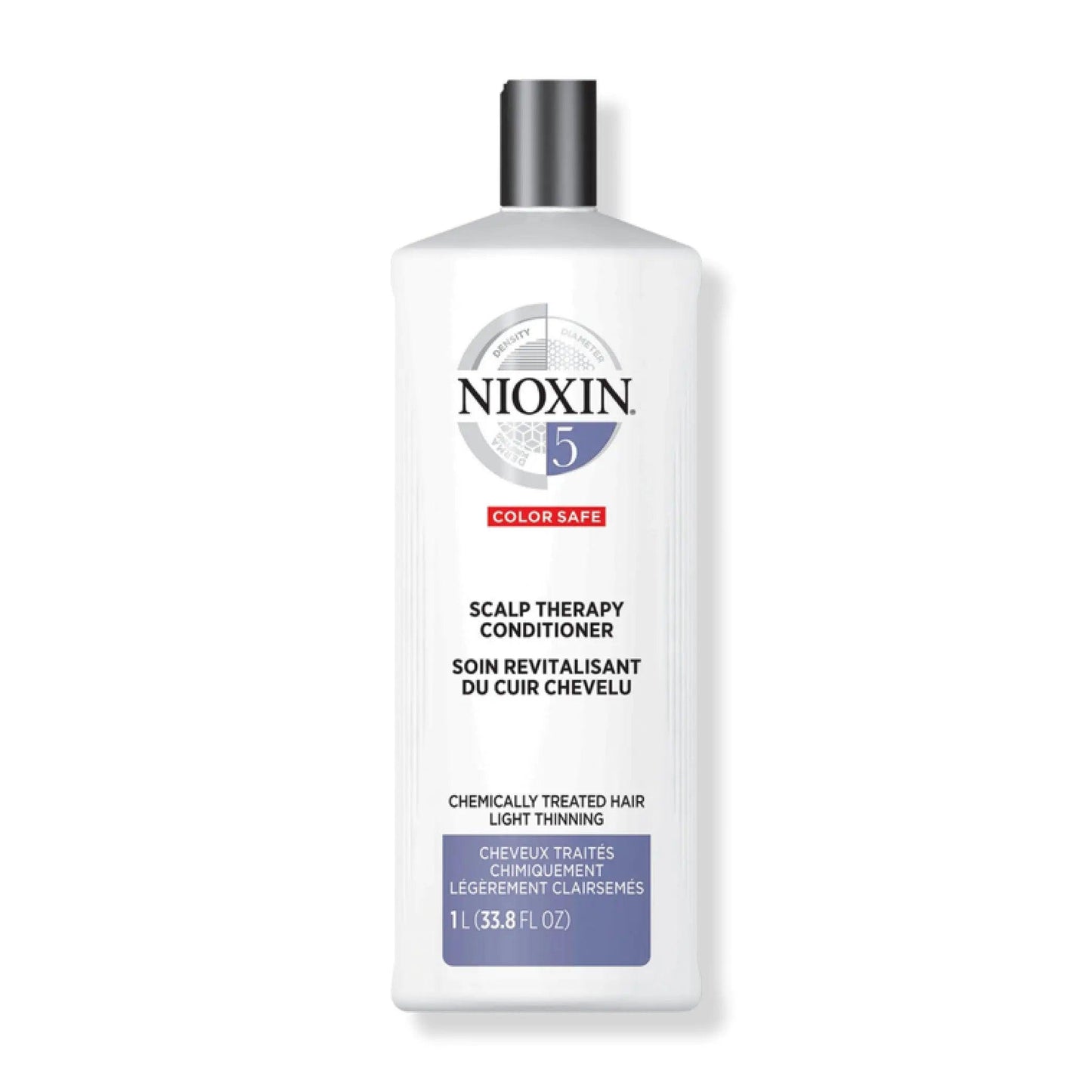 Nioxin System 5 Scalp Therapy Conditioner for chemically treated hair with light thinning, promoting moisture and thicker hair.