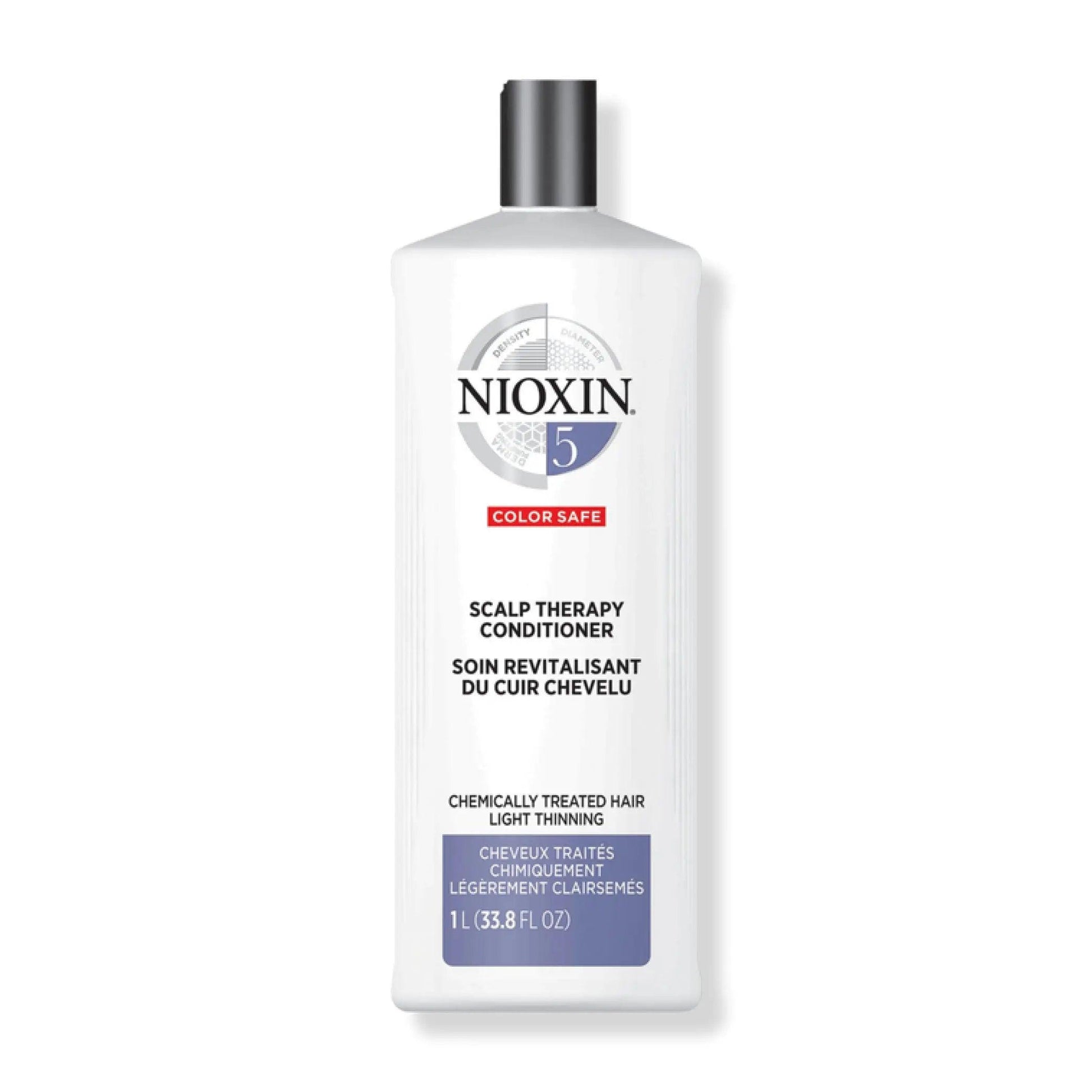 Nioxin System 5 Scalp Therapy Conditioner for chemically treated hair with light thinning, promoting moisture and thicker hair.
