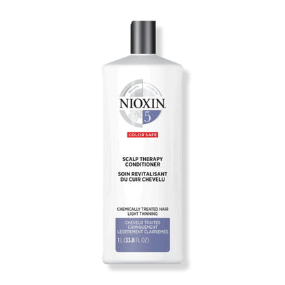 Nioxin System 5 Scalp Therapy Conditioner for chemically treated hair with light thinning, promoting moisture and thicker hair.