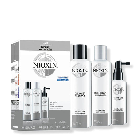 Nioxin Hair Care Kit System 1 for fine, normal to light thinning natural hair, includes shampoo, conditioner, and scalp treatment.