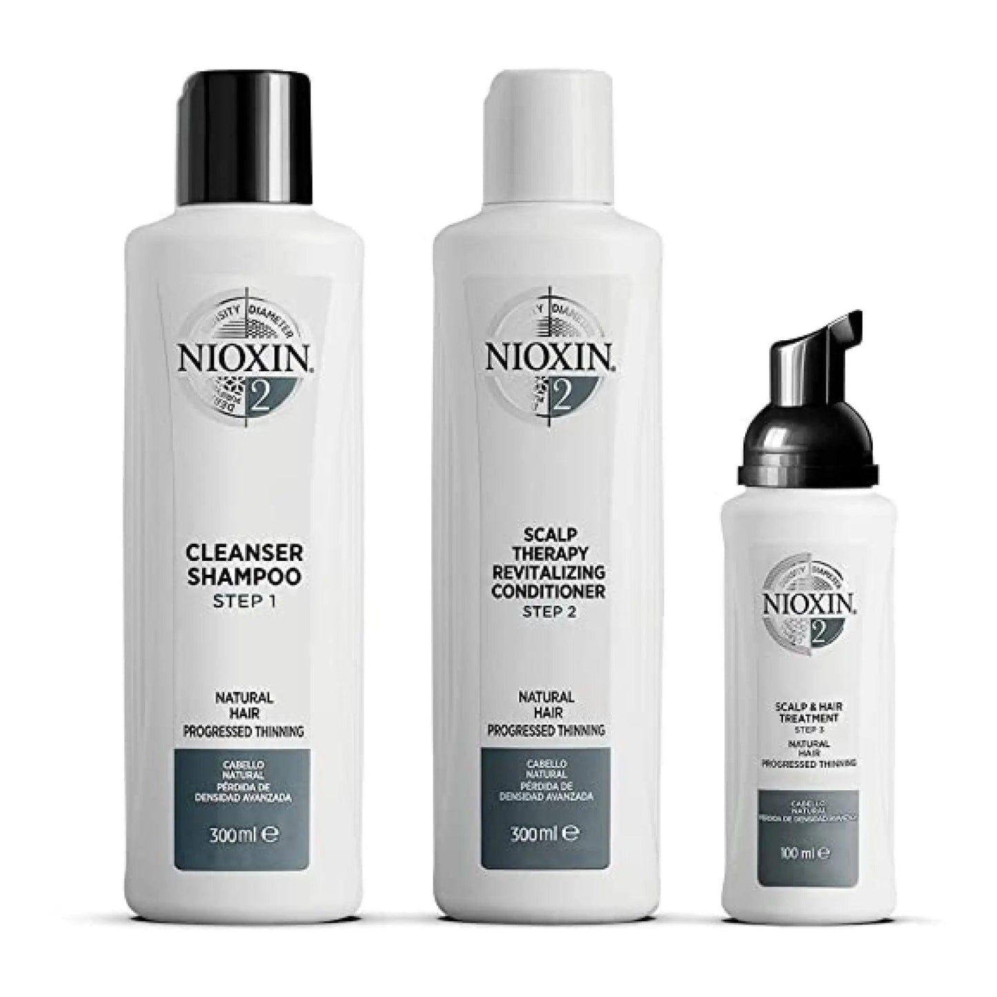 Nioxin System Kit 2 for natural hair, featuring cleanser shampoo, revitalizing conditioner, and scalp treatment for thicker hair.