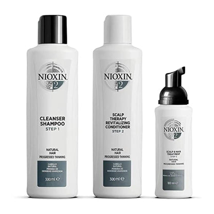 Nioxin System Kit 2 for natural hair, featuring cleanser shampoo, revitalizing conditioner, and scalp treatment for thicker hair.