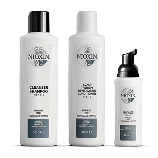 Nioxin System Kit 2 for natural hair, featuring cleanser shampoo, revitalizing conditioner, and scalp treatment for thicker hair.