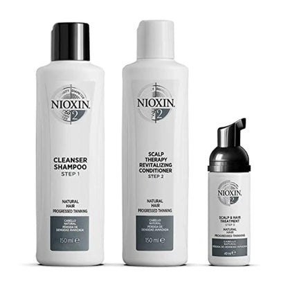 Nioxin Hair Care System 2 Kit for natural hair with progressed thinning, including shampoo, conditioner, and treatment.