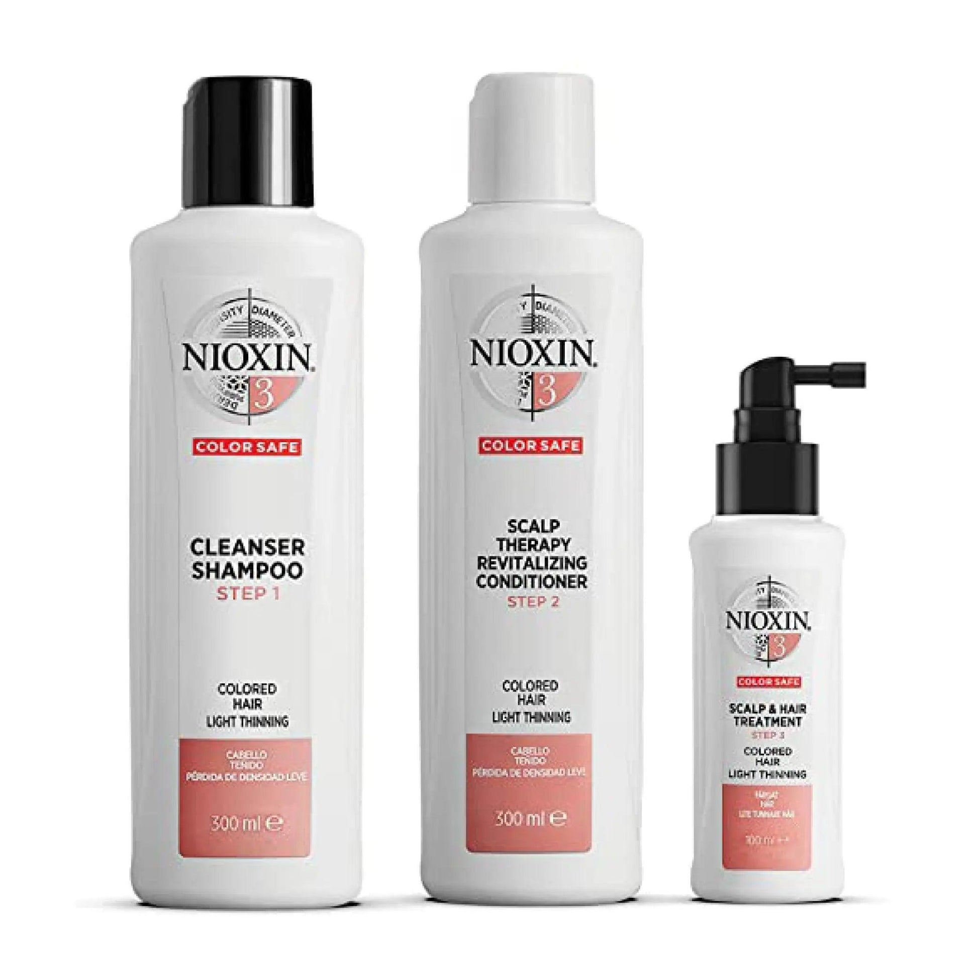 Nioxin System Kit 3 for color-treated hair, includes cleanser shampoo, conditioner, and scalp treatment for light thinning.