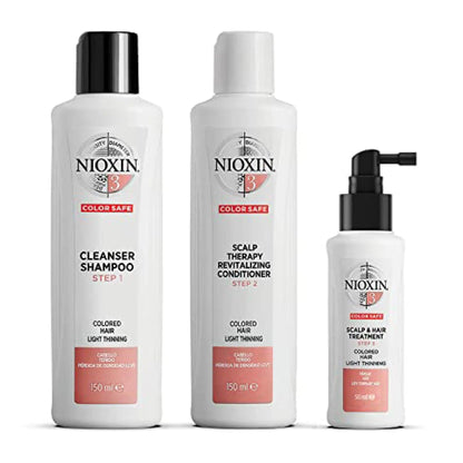 Nioxin Hair Care System 3 Kit for color-treated hair, featuring cleanser shampoo, conditioner, and scalp treatment.