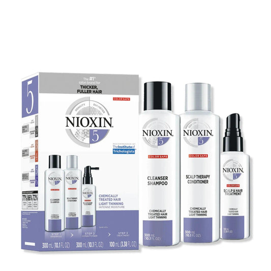 Nioxin Hair Care System Kit 5 for chemically treated hair, includes cleanser, conditioner, and scalp treatment for thicker, fuller hair.