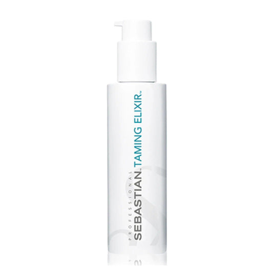 Sebastian Taming Elixir bottle, a lightweight cream serum for frizz control and thermal protection in styling.