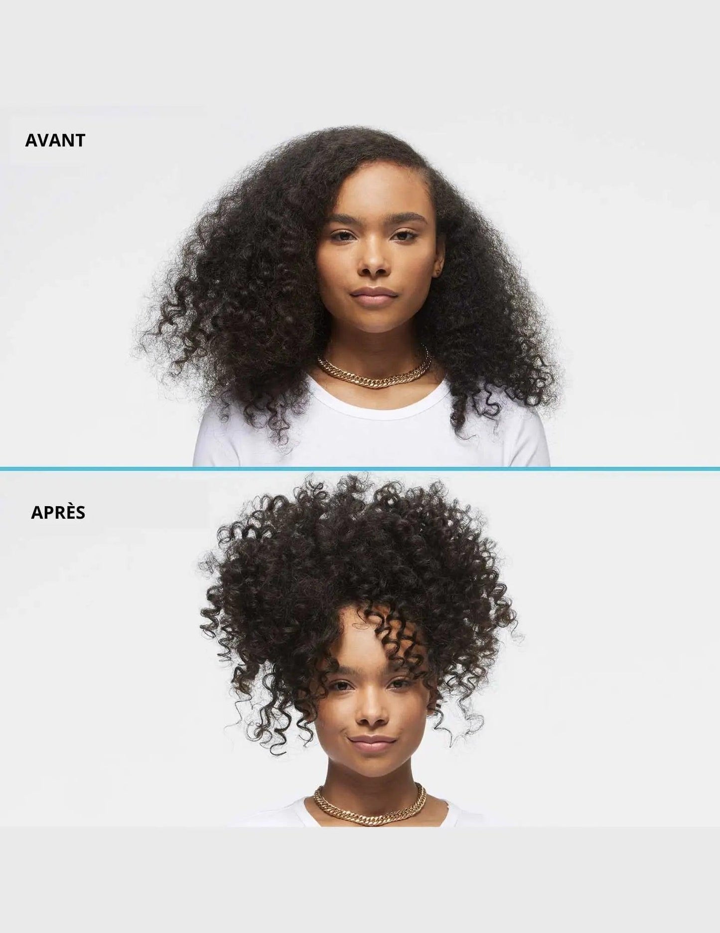 Before and after showing the transformation of curly hair using Redken Texture Paste for defined texture and hold.