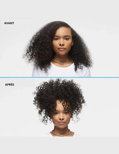 Before and after showing the transformation of curly hair using Redken Texture Paste for defined texture and hold.