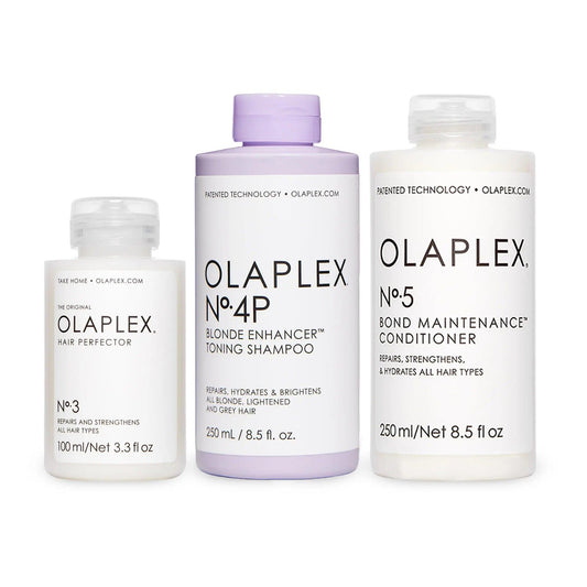 OLAPLEX Blonde Maintenance System includes Nº.3 Hair Perfector, Nº.4P Toning Shampoo, and Nº.5 Conditioner for strong, bright hair.