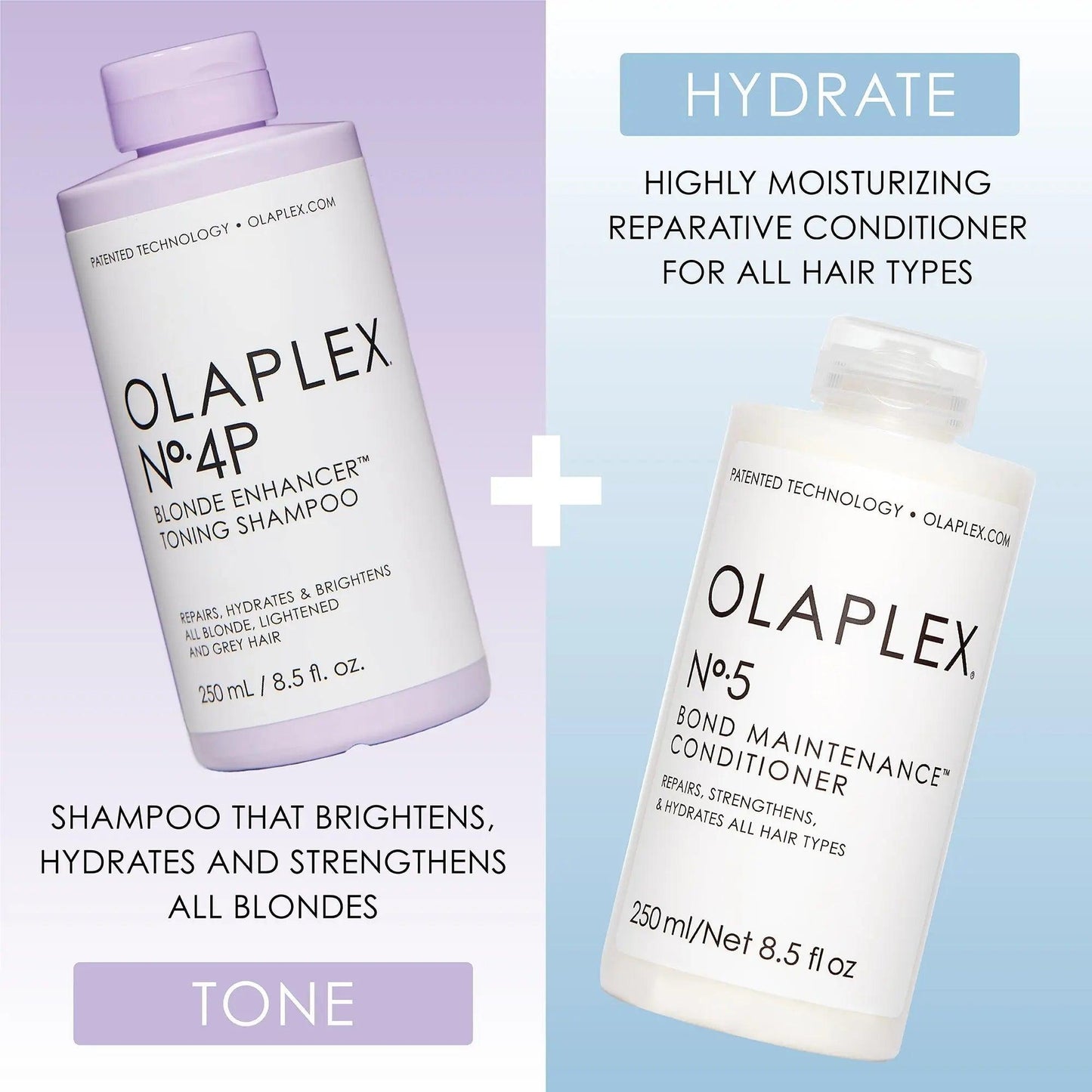 Olaplex Nº.4 blonde shampoo and Nº.5 conditioner for brightening, hydrating, and strengthening all blonde hair types.